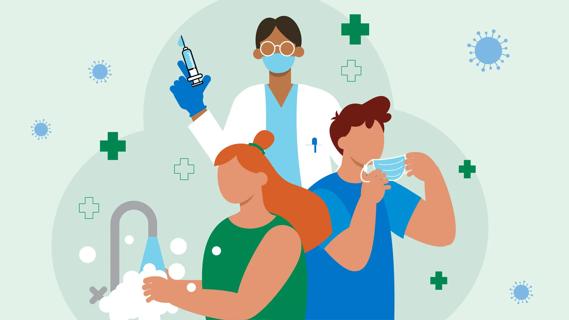 People showing COVID-19 prevention techniques, like washing hands, masking and getting vaccines